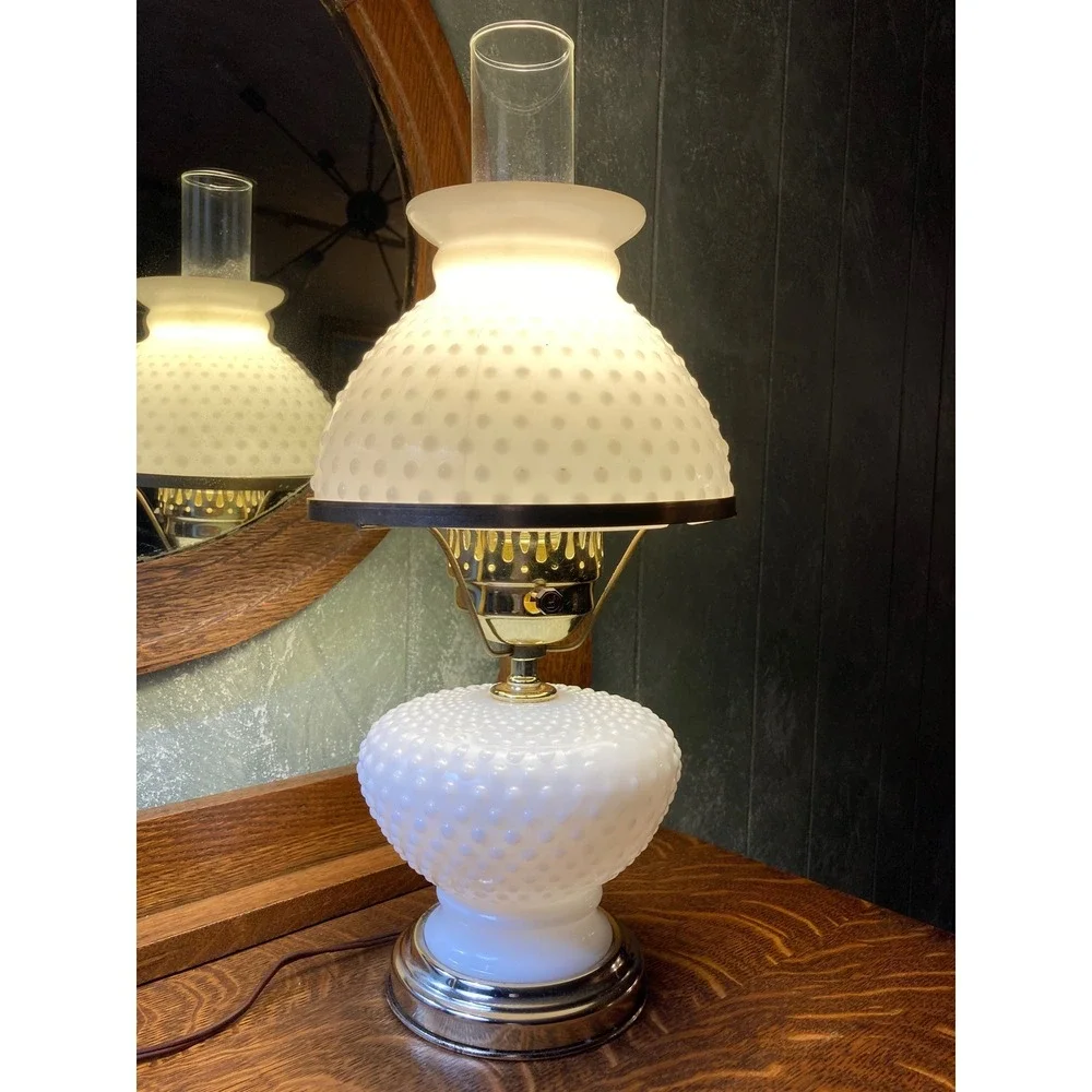 Vintage White Milk Glass Hobnail Hurricane Lamp Electric Table Lamp Mid Century